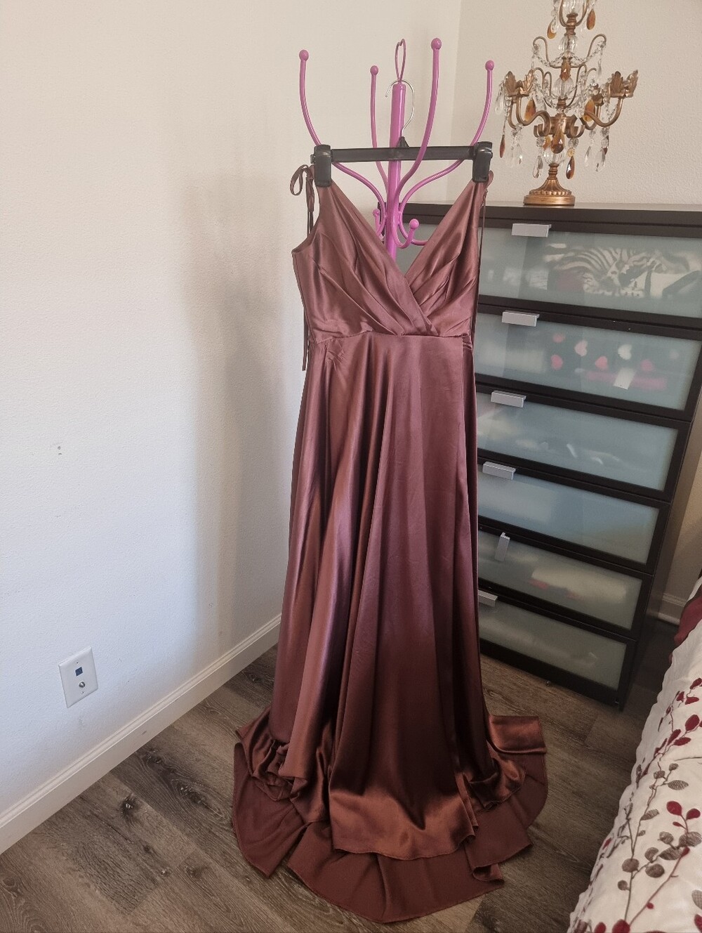 Satin V-Neck A-Line Evening Dress in Deep Mauve